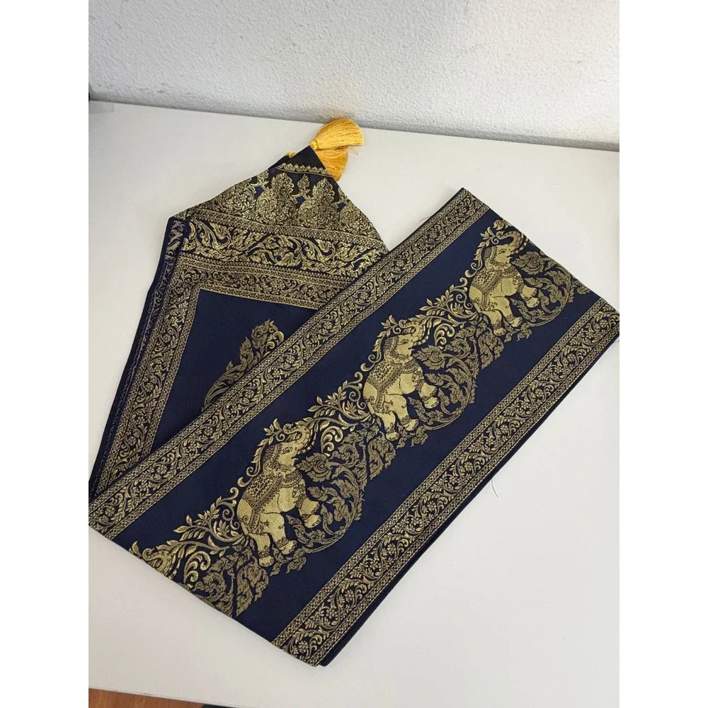 Thai Silk Table Runner Navy Blue Gold Elephant Brocade Tassel Trim 72 Inch Boho